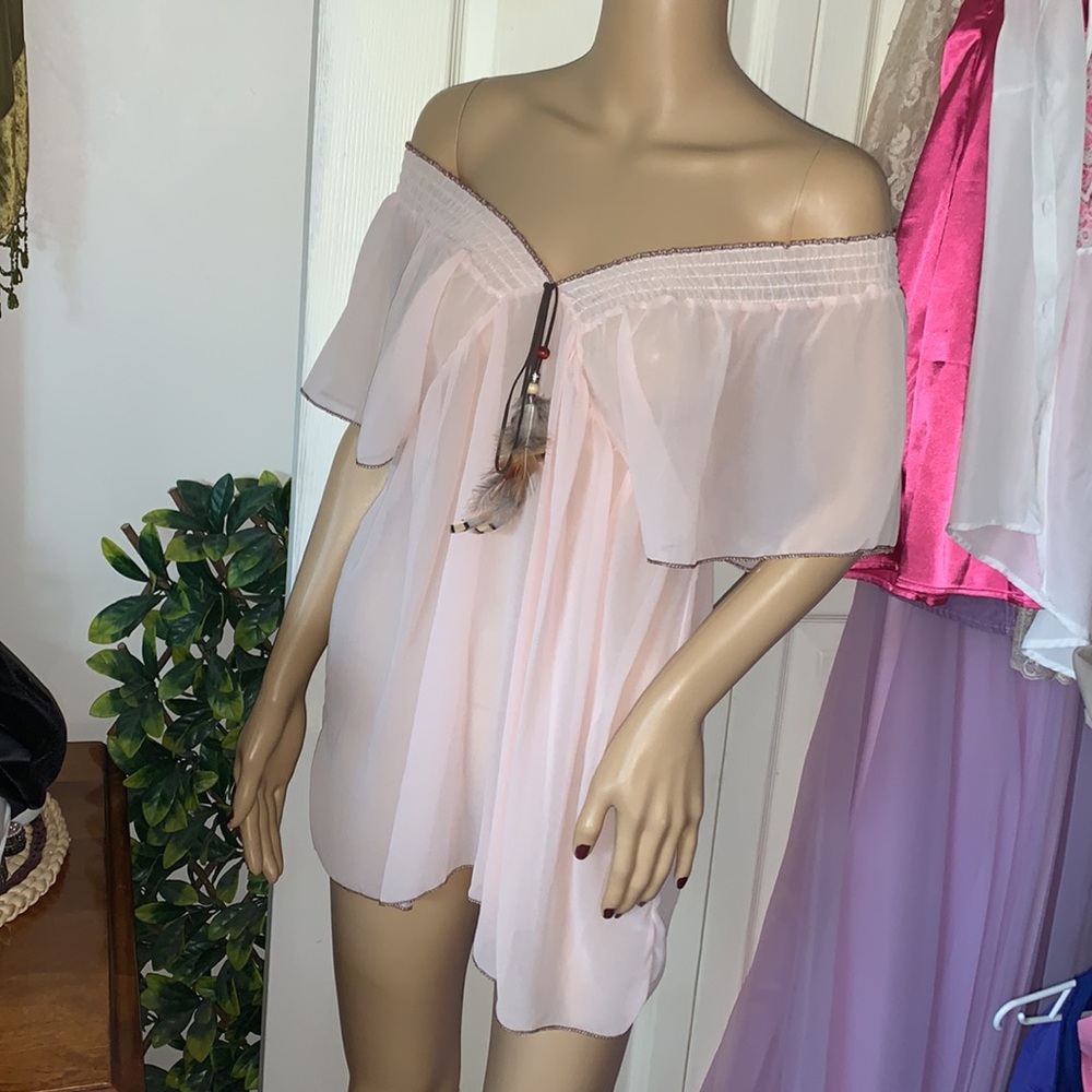 Sheer chiffon babydoll tunic top with feathers S M